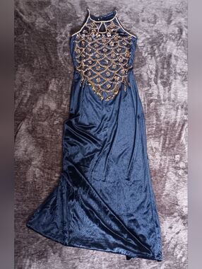 Blue Velour Beaded/Sequin Fringe Halter Formal Dress Sleeveless Long women:M